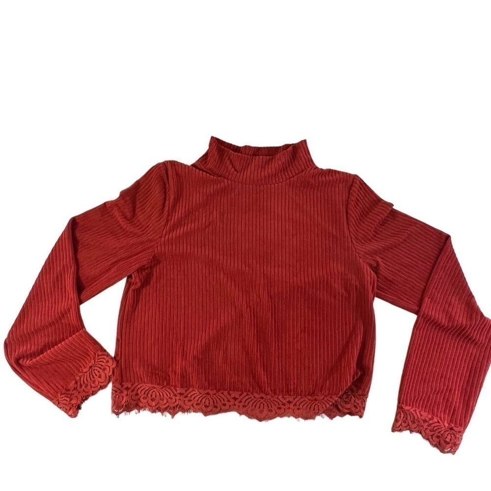Chocolate Ribbed Lace Mock Neck Top Large - Picture 5 of 13